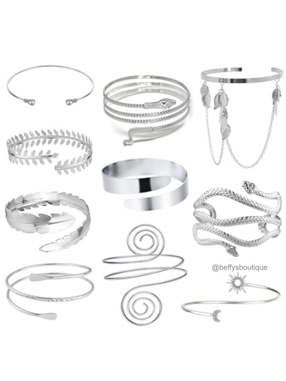 Adjustable Upper Arm Cuff Bracelet Set Snake Feather Laurel Leaf Coil Boho
